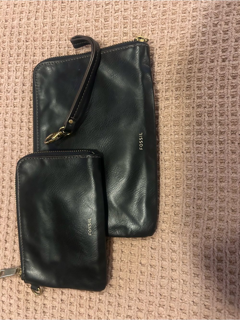 Fossil Black Leather Wristlet and Coin Pouch Set with Gold Hardware